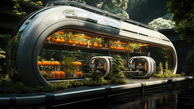 Futuristic greenhouse with plants ecofriendly farming concept artificial food growing