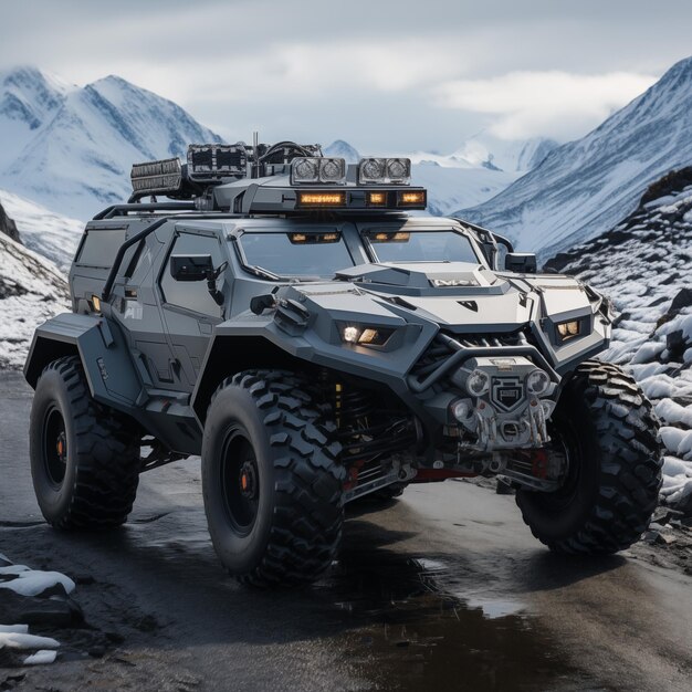 Foto futuristico veicolo corazzato militare grigio a 4 ruote in una montagna innevata