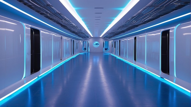 A futuristic hallway with blue lights