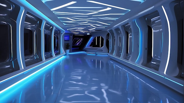 A futuristic hallway with blue lights