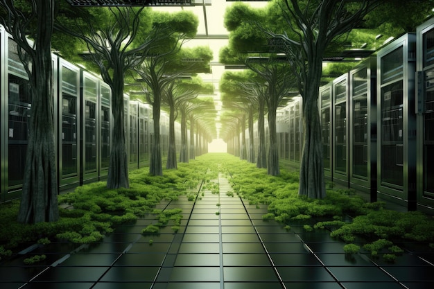 Futuristic hallway with trees in the background 3D rendering Bright server room with trees and grass growing out out of servers AI Generated