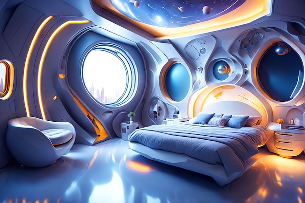 Futuristic hard surface interior design of spaceship bedroom generative art by AI