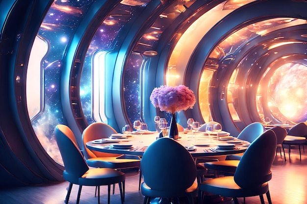 Futuristic hard surface interior design of spaceship dining room generative art by AI