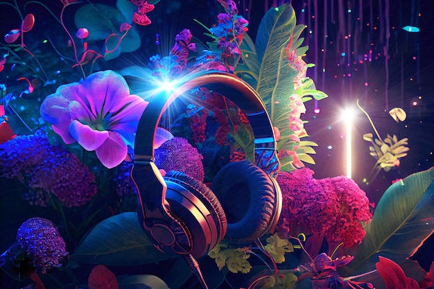 Futuristic headphones sound system.floral decorations and neon lights. Ai generated.