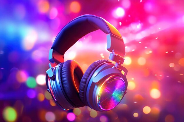 Futuristic headphones with multicolored neon background