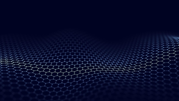 Futuristic hexagon wave Dark cyberspace Abstract wave with dots and line White moving particles on background 3d rendering