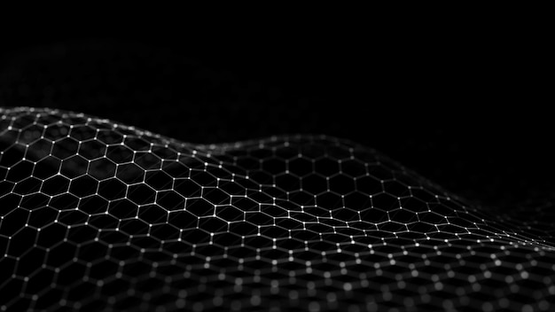 Futuristic hexagon wave Dark cyberspace Abstract wave with dots and line White moving particles on background 3d rendering