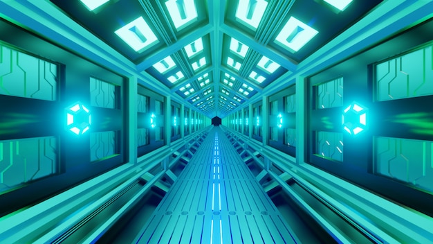 Tunnel esagonale futuristico in un'astronave con una passeggiata nello spazio. luce soffusa verde-blu, lampade sulle pareti del corridoio.