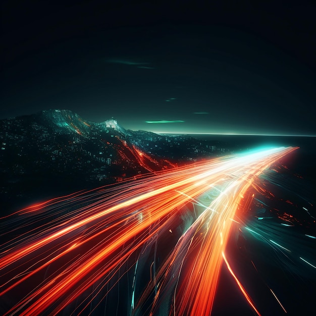 Futuristic high speed blurred light tail at night sky Bright colors color transitions and lines