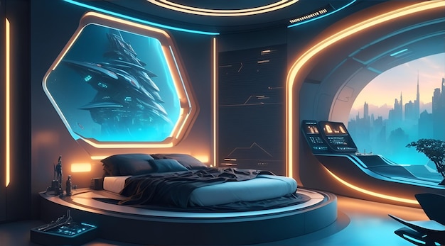 Futuristic High Tech Luxury Cyberpunk Sci Fi Living Room Modern Interior Bedroom AI Generative