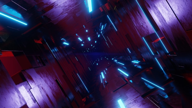 Futuristic high tech tunnel with blinking neon ribbons. 3d render illustration.