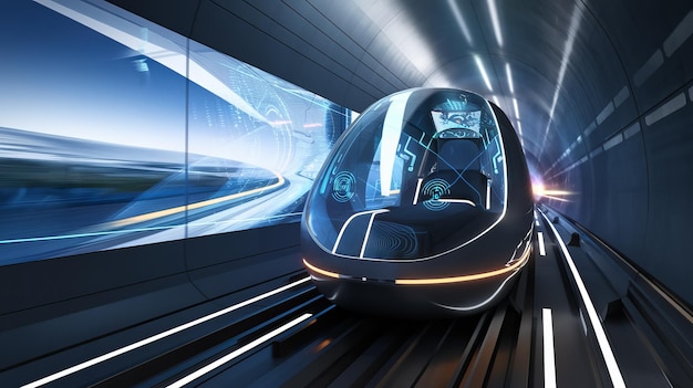現代的なデザインと技術でトンネルに搭載された未来的な高速列車