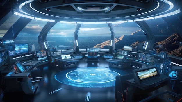 A futuristic hightech control room in a space station