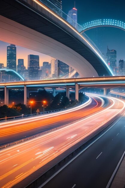 A futuristic highway overpass with a blurred motion effect illuminated by the cityscape in the back