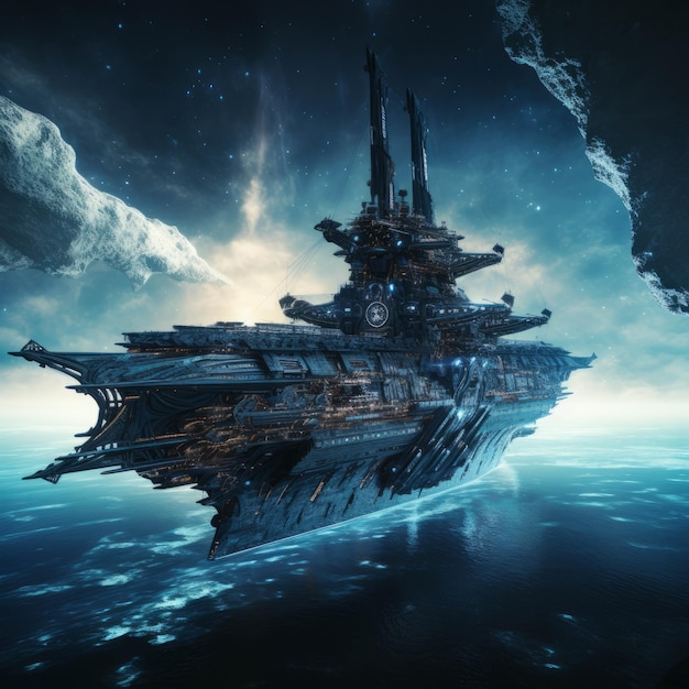 Futuristic hitech huge chaos dreadnought fleet landing on a hostile alien planet scifi