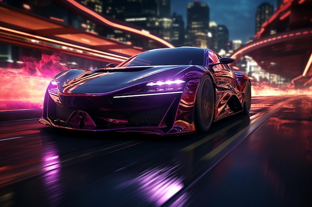 Futuristic hologram car that is purple very aerodynamic