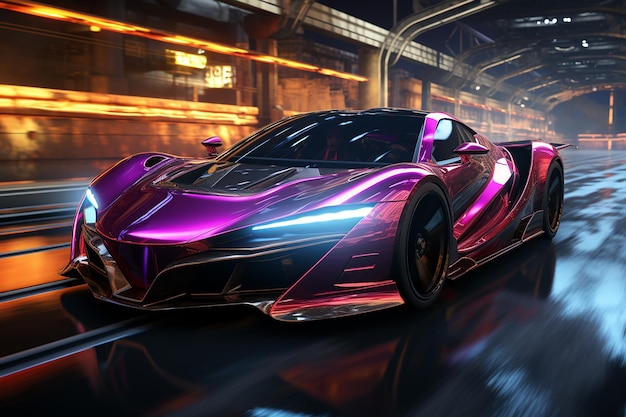 Futuristic hologram car that is purple very aerodynamic