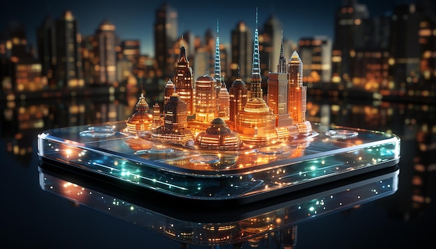 Futuristic and holographic business buildings
