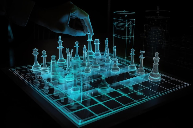 A futuristic holographic chess game with wireframe outline