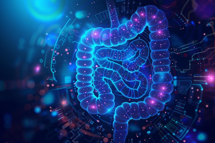 Photo futuristic holographic depiction of human stomach in digestive process with abstract technological interface