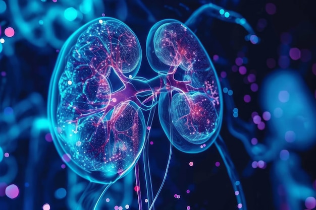 Photo futuristic holographic image of human kidneys in bright blue tones