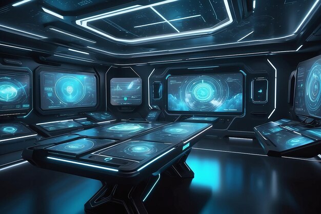 Photo futuristic holographic interface in a scifi room with multiple screens and stunning vfx