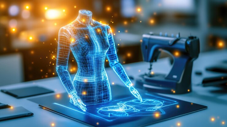 Photo futuristic holographic mannequin in fashion design studio with sewing machine