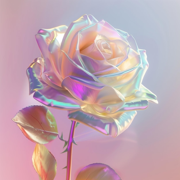 Futuristic holographic rose abstract graphic design concept Chrome flower for the masquerade in style holographic liquid Glossy pastel iridescent on pink background