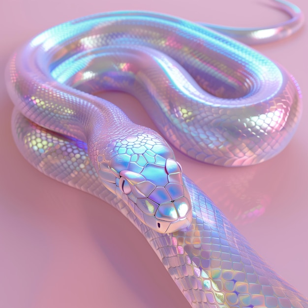 Futuristic holographic snake abstract graphic design concept Chrome snake for in style holographic liquid Glossy pastel iridescent on pink background