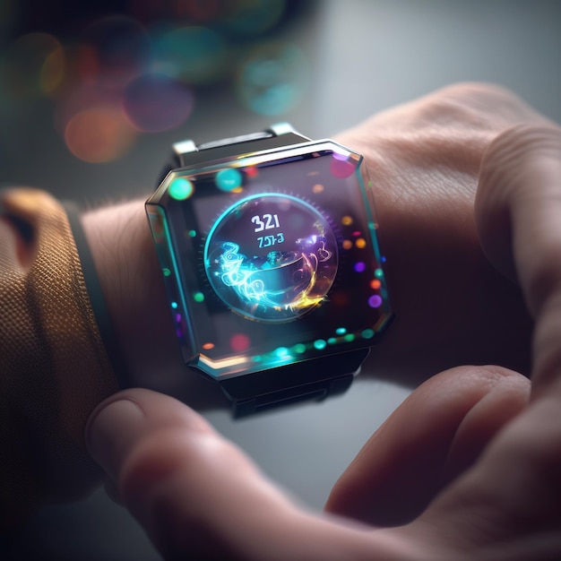 Photo futuristic holographic technology smart watch and holographic display lenses