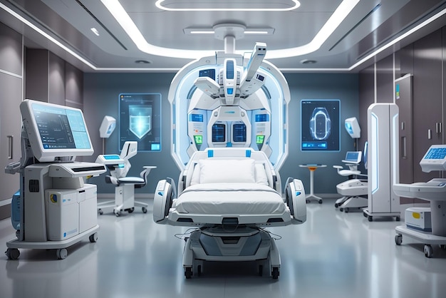 Futuristic hospital room with high tech technology equipment