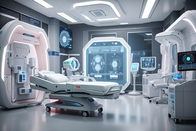 Futuristic hospital room with high tech technology equipment