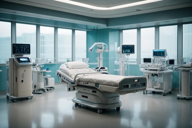 Futuristic hospital room with high tech technology equipment