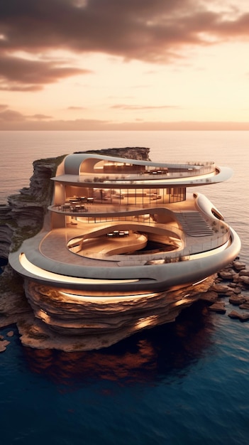 A futuristic house by the sea with a view of the ocean.