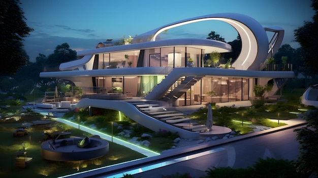 Foto casa futuristica caratterizzata da laboratori ad alta tecnologia, piante, ia generativa