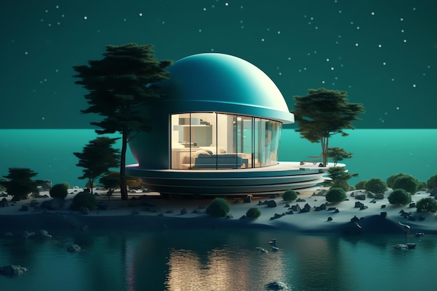 A futuristic house on an island with a tree on the left side