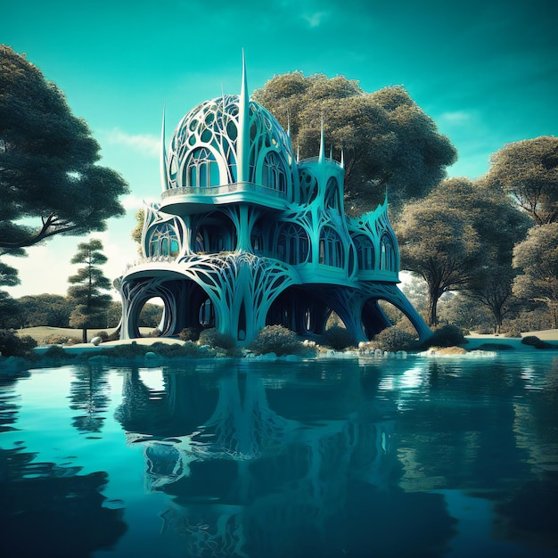 Futuristic house on lake and trees