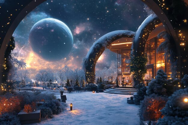 futuristic house in a snowy landscape with planets in the sky