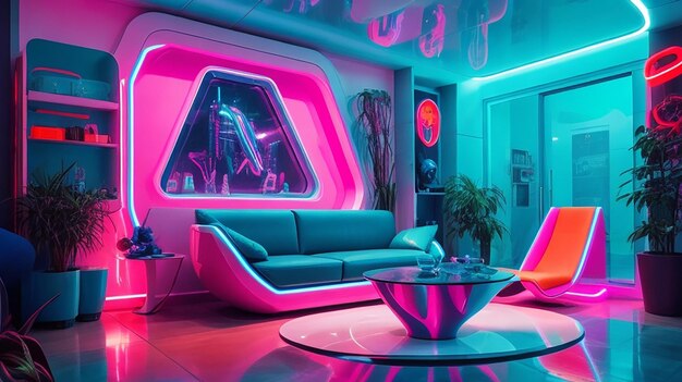 Photo a futuristic house with vibrant neonlit interior featuring sleek modern furniture and abstract art