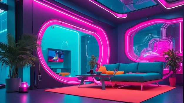 A futuristic house with vibrant neonlit interior featuring sleek modern furniture and abstract art