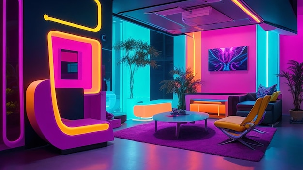 A futuristic house with vibrant neonlit interior featuring sleek modern furniture and abstract art