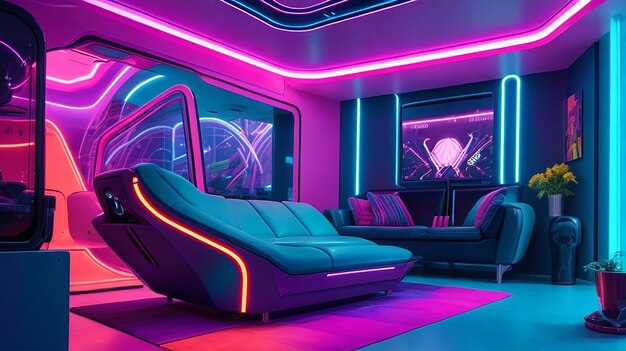 Photo a futuristic house with vibrant neonlit interior featuring sleek modern furniture and abstract art