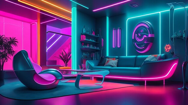 Photo a futuristic house with vibrant neonlit interior featuring sleek modern furniture and abstract art