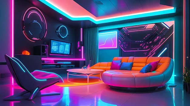 A futuristic house with vibrant neonlit interior featuring sleek modern furniture and abstract art