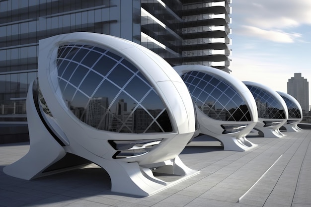 Futuristic houses of the future exterior capsules with solar panels outdoors Generative AI