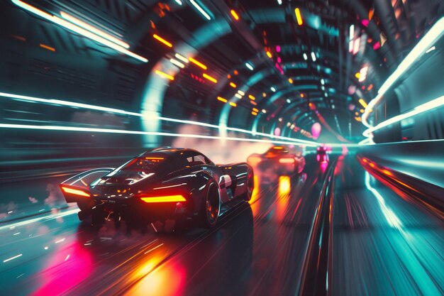 Futuristic hovercars racing through a cyberpunk tu