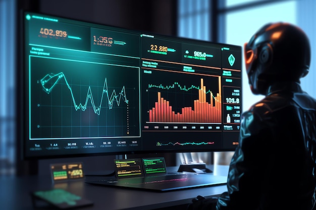 Futuristic human robot computer screen data analytic