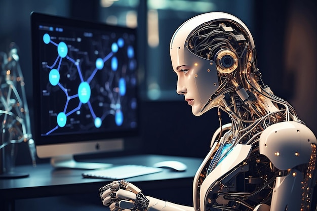 Futuristic humanoid female robot working on laptopartificial intelligencetechnology background
