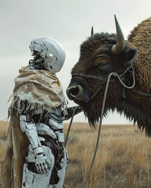 Photo futuristic humanoid robot with a buffalo in a meadow