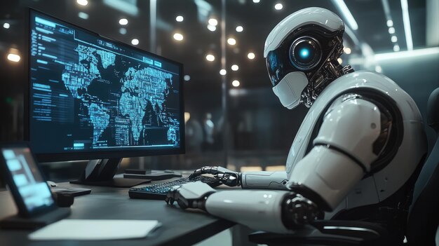 futuristic humanoid robot working on computer with world map display in modern tech office